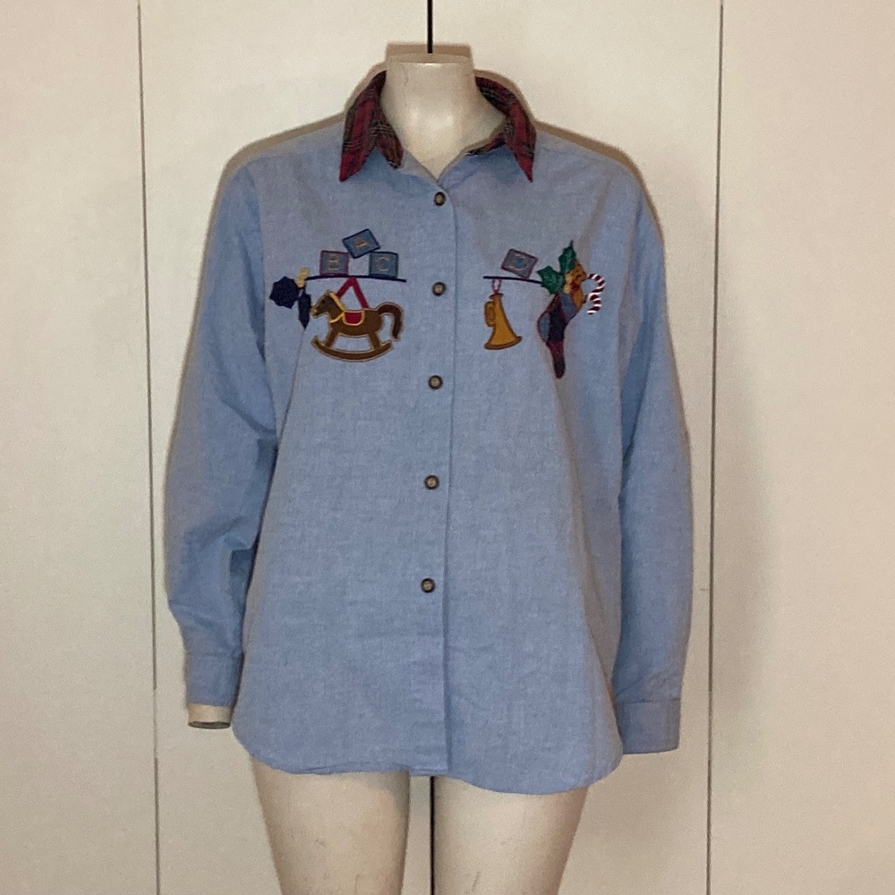 Jantzen Denim Shirt with Christmas Embroidery Red Plaid Flannel Collar X-Large
